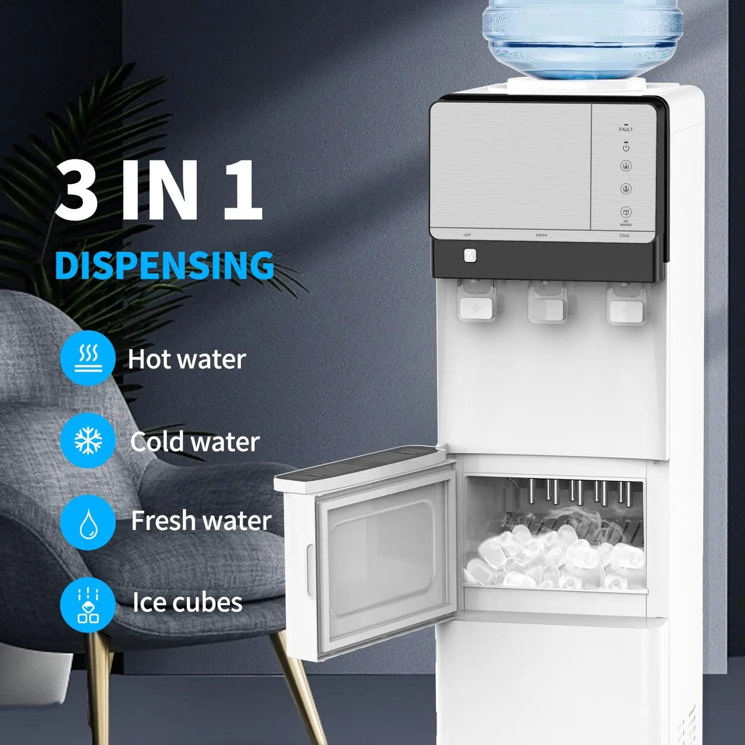 

Water Dispenser, Hot Cold, Top Loading 3 Or 5 Gallon, 26 Lbs Per 24H, White,3 In 1 Water Cooler Dispenser With Ice Maker