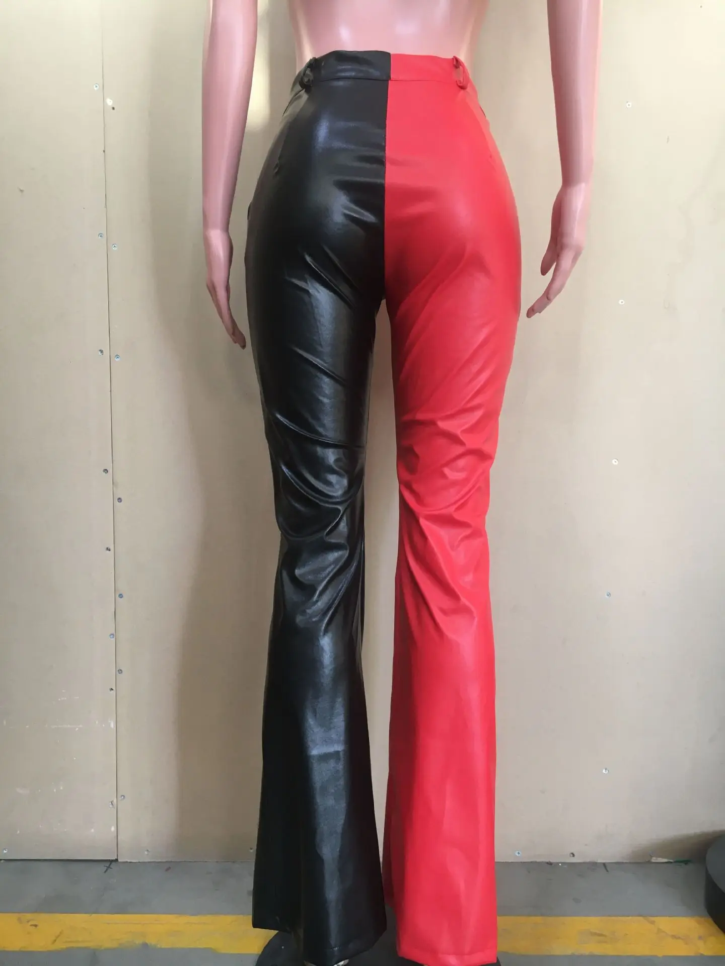 Y5217 European and American women's Fashionable Spring and Autumn Color Blocking PU Leather Bell-Bottoms