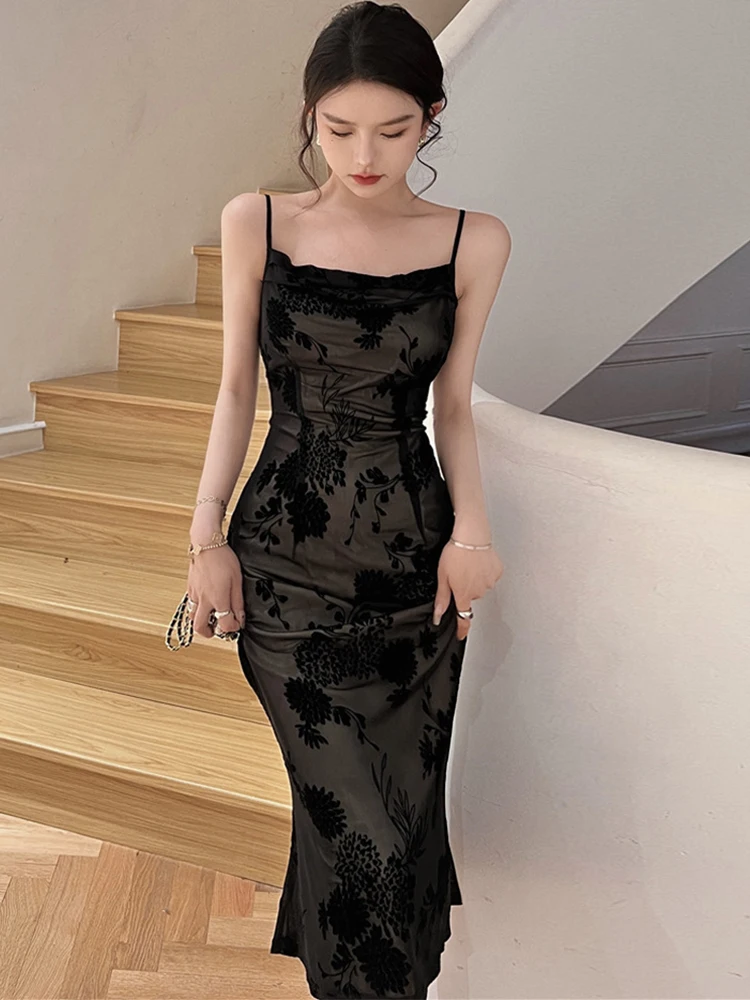 

Lace Black Elegant Women Dress Vintage Strap Embroidery Floral Mermaid Midi Club Gown Robe Femme Ropa Sexy Mujer Verano Vestidos