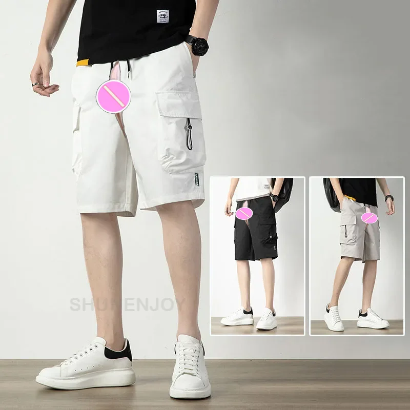 Summer Thin Workwear Ice Silk Shorts Invisible Open-Seat Pants Men's Trendy Loose Breathable Sport Casual Pants Male Outdoor Sex