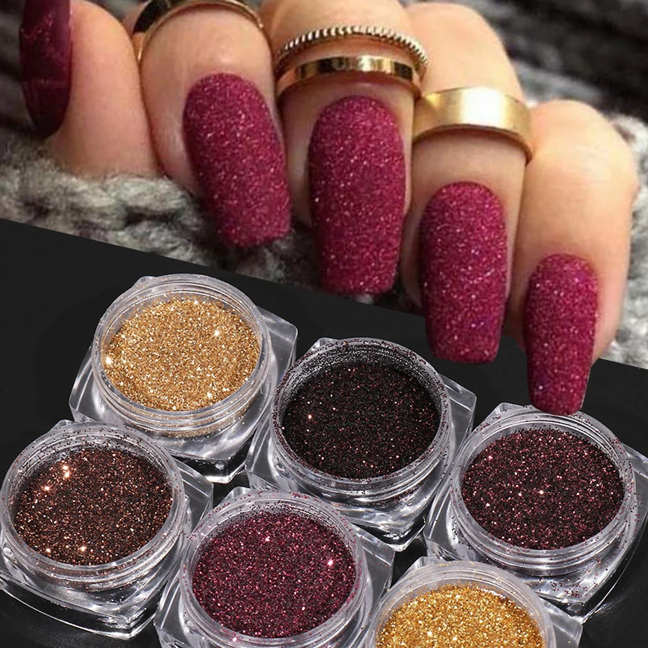 6pcs Brown Wine Red Colour Glitter Nail Powder Set Sugar Shiny