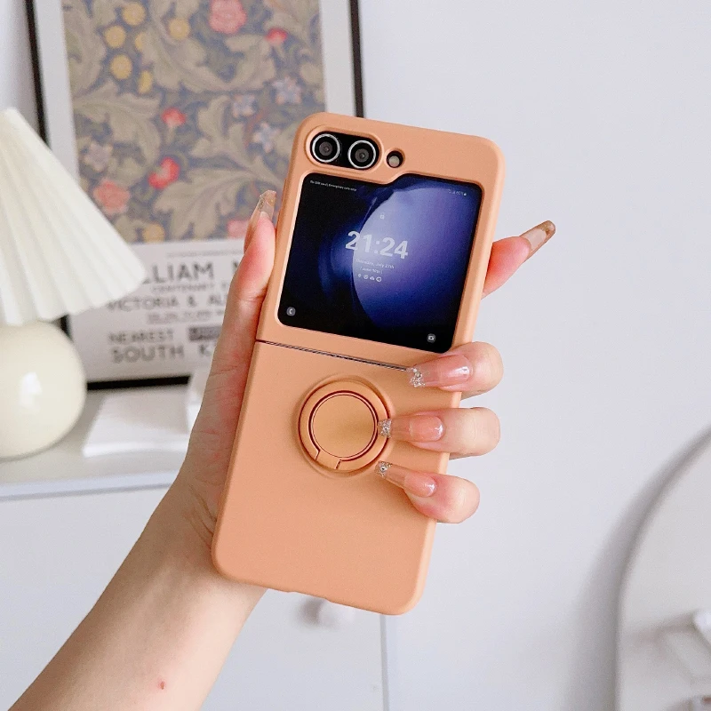 Luxury Solid Color Liquid Silicone Phone Case with 360° Rotating Ring Holder and Foldable Design