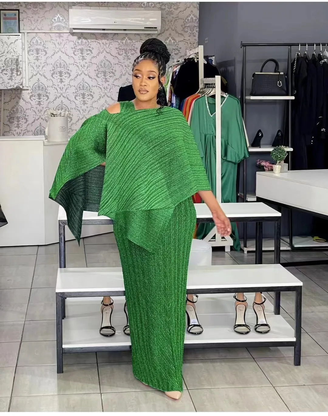 فستان نسائي أنيق مطوي ، حبال ، خصر مرتفع ، جلد ، ط...