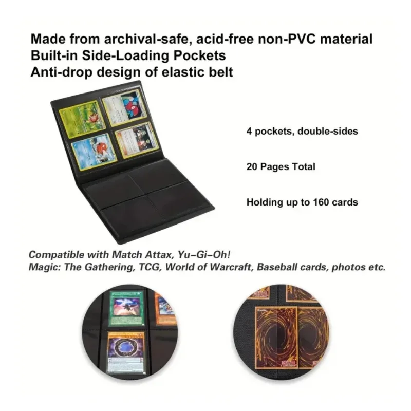 Card Binder 4 Pocket Trading Card Album Display 160 Side Loading Pocket Holder for TCG Yugioh MTG Game Book