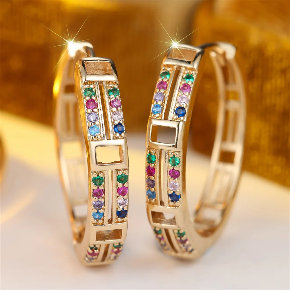 Rainbow Zircon Round Stone Trendy Hollow Square Hoop Earrings For Women Vintage Gold Color Small Ear Buckle Wedding Jewelry Gift