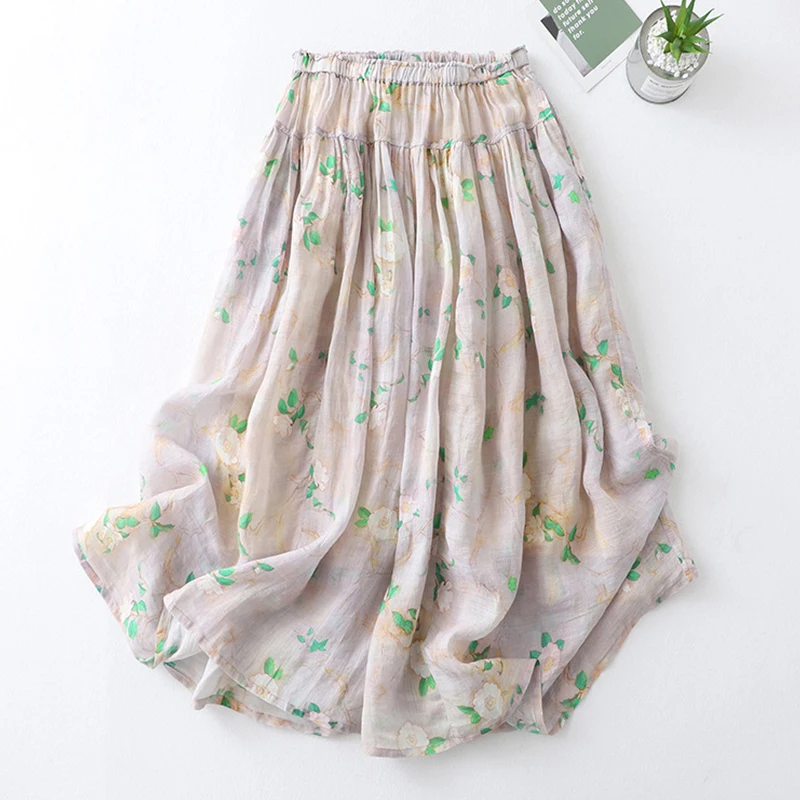 

Mori Girl Spring Summer A-Line Midi Skirt Women Clothing Floral Plant Printed Sweet Femme Elegant Cotton And Linen Skirts K038