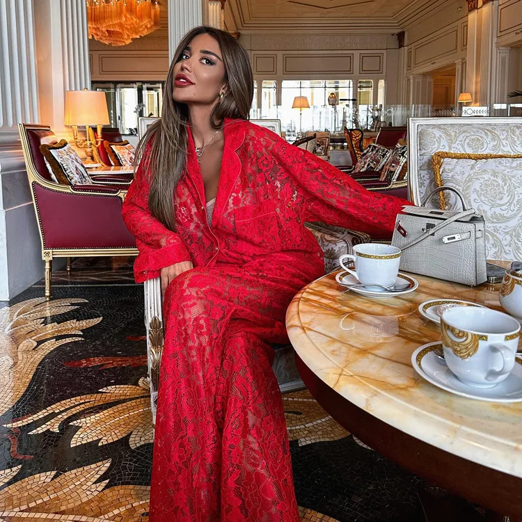 Lace Hollow Out Printed 2 Piece-Set Trousers Female See-Through Sexy See-Through Shirts And Fashion Women's Pants Outfits