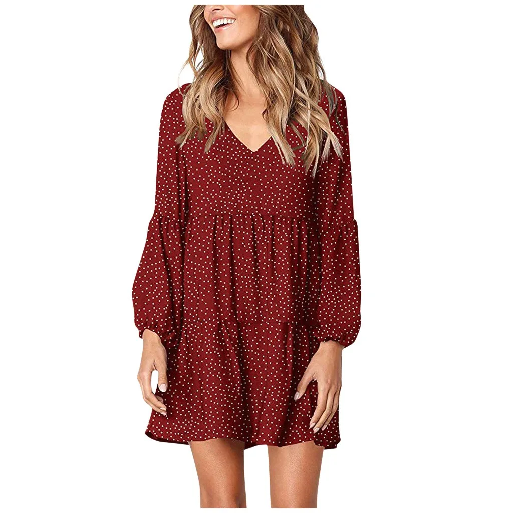 

Lantern Long Sleeve Dresses For Women V-Neck Low Cut Lantern Sleeve Polka Dot Print Ruffles Open Fork Mini Dresssexy Mini Dress