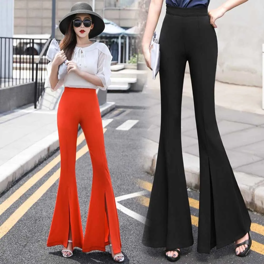 

Office Lady Slim Black Flare Pants Summer Thin Basic Solid Work Bell Bottom Pants Women New Arrival High Waist Suit Trousers