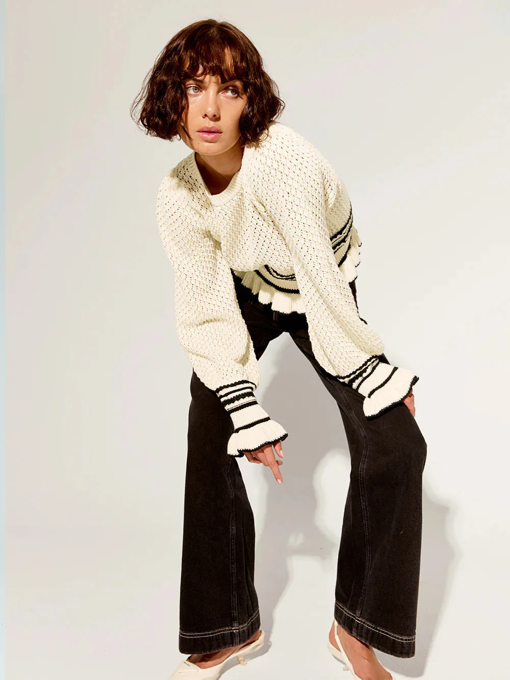 Knitted Ruffle Cuff Tightening Pullover for Women