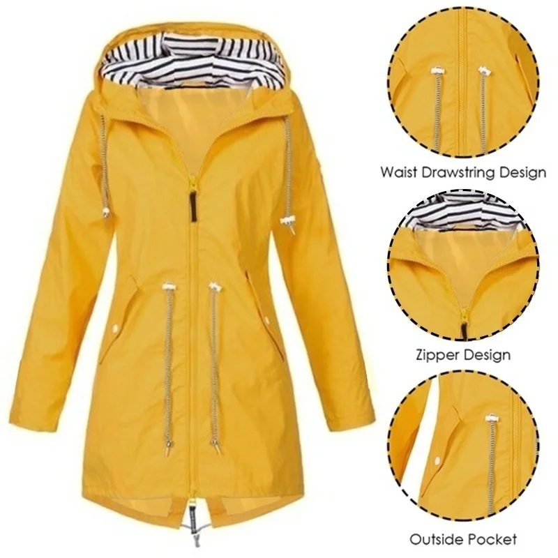 Women's Fashion Hooded Outdoors Zipper Windproof Trench Coats Casual Waterproof Drawstring Rain Jackets Mountaineeri Female custom logo women outdoor waterproof rain jackets new casual loose hooded windbreaker hiking climbing coat for female