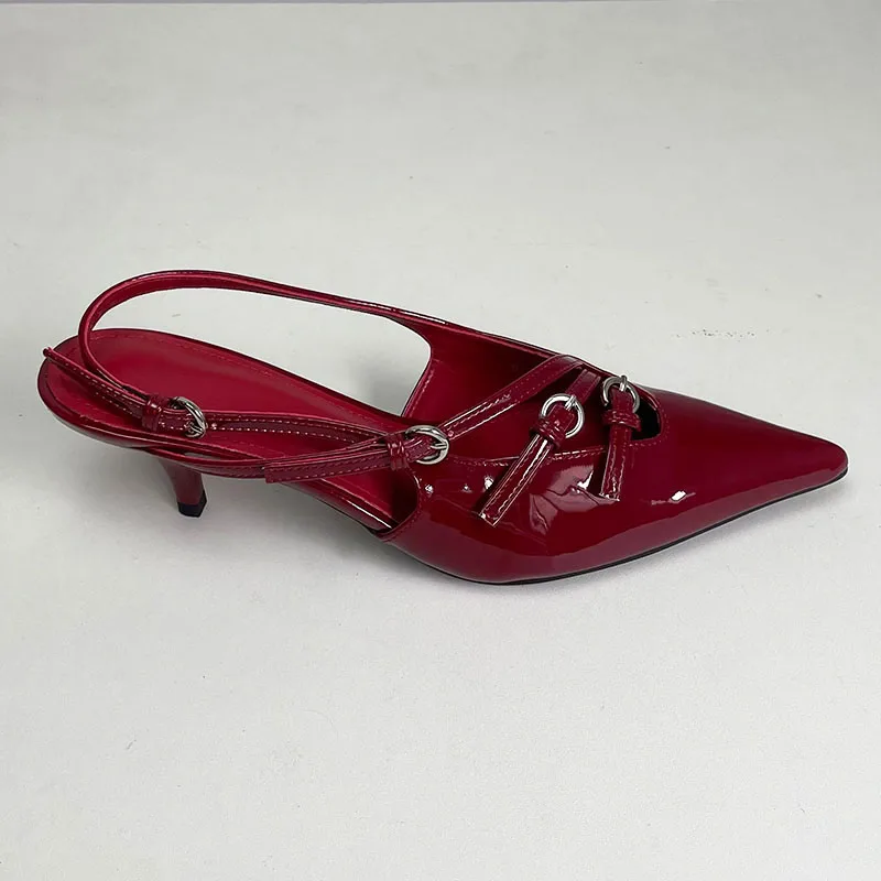 Female Red Footwear Women Medium Heels Shoes Luxury Fashion Metal