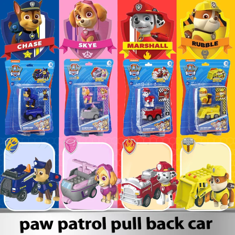 Paw Patrol Toys Pull Back Car Chase Skye Macerie Inerziale Police Car Fire Truck Elicottero Bulldozer Engineering Vehicle Gifts