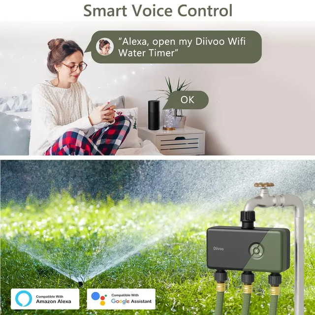 Diivoo WiFi Sprinkler Timer 2/3 Zone with Rain Delay, Remote Control Garden Irrigation Timer Compatible with Alexa and Google 3