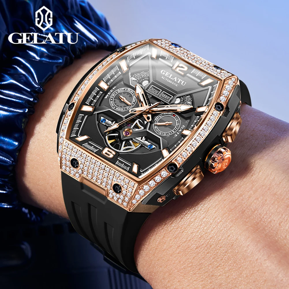 GELATU 6016 Men's Watch Diamond Hollow Man Mechanical Wristwatch Luxury Auto Date Deep Waterproof Watch For Men Silicone Strap