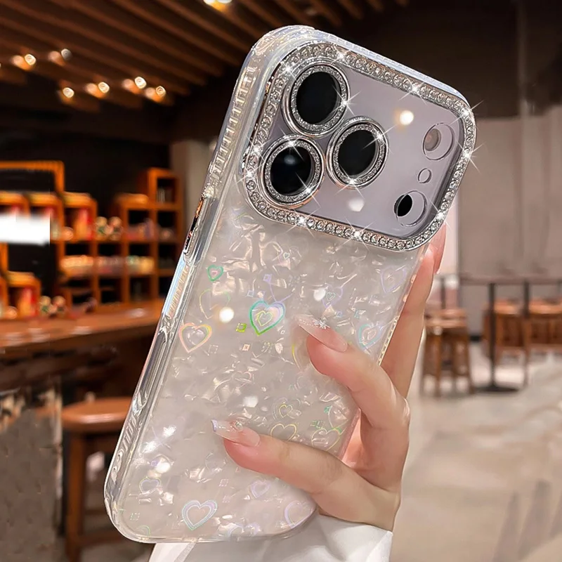 Love Heart Rhinestone Silicone Phone Case with Lens Film Cover