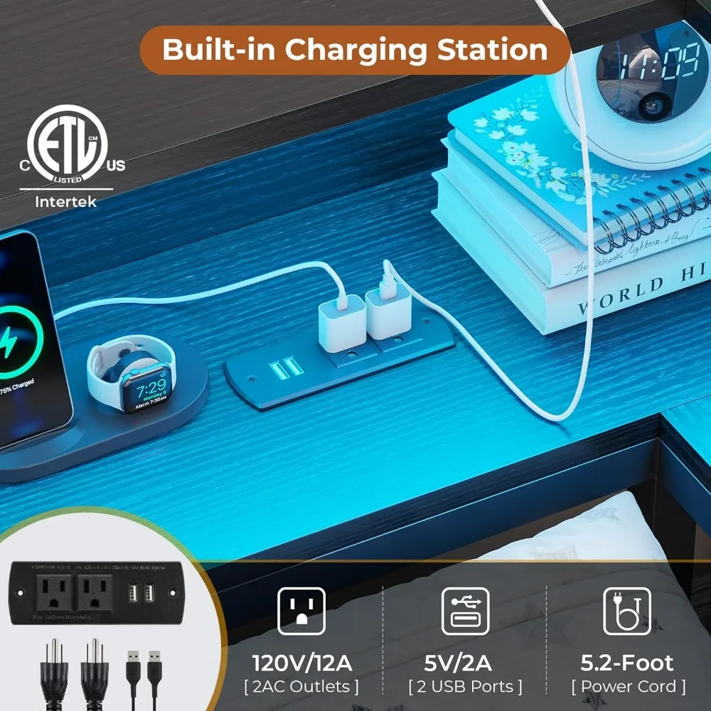 DICTAC Corner Bed Frame with Bookcase Storage and Led Lights Twin XL Metal Platform Bed Frame with Storage Drawers & Charging St