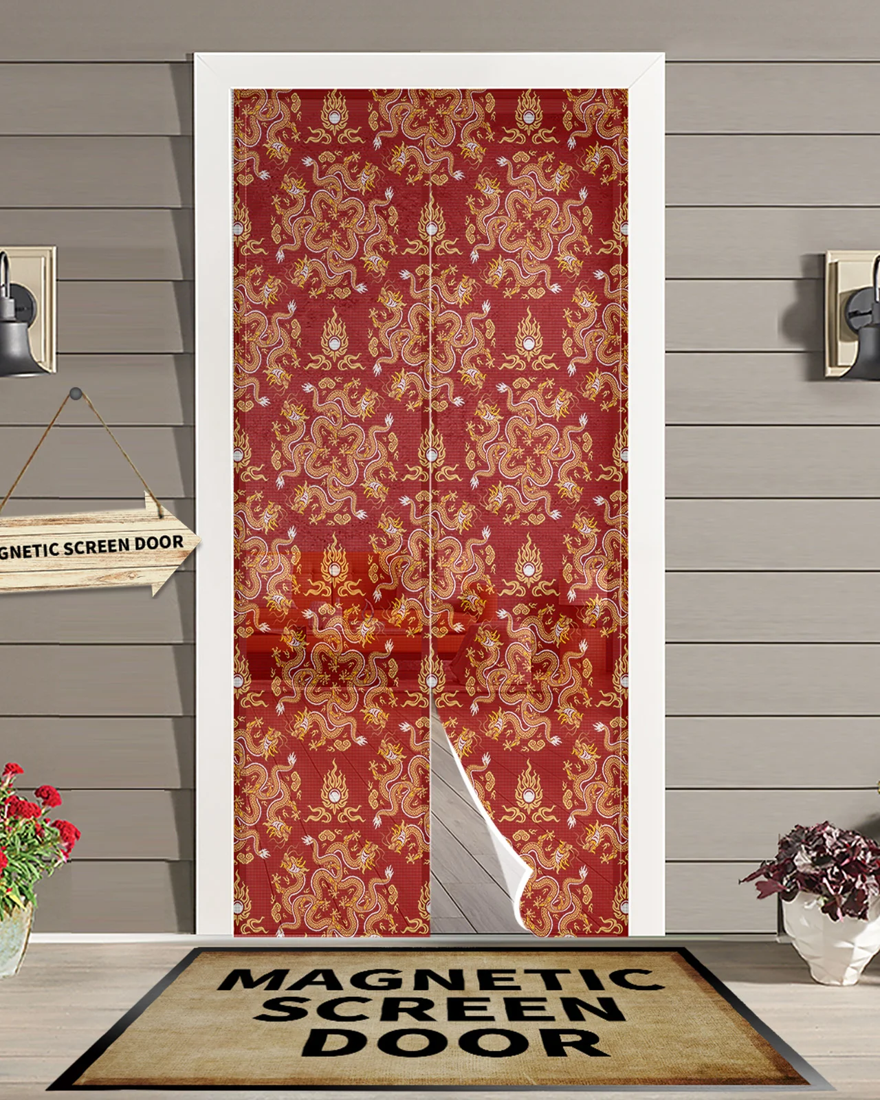 

Dragon Red Background Magnetic Door Curtain Summer Living Room Bedroom Home Anti-mosquito Screen Door Curtain
