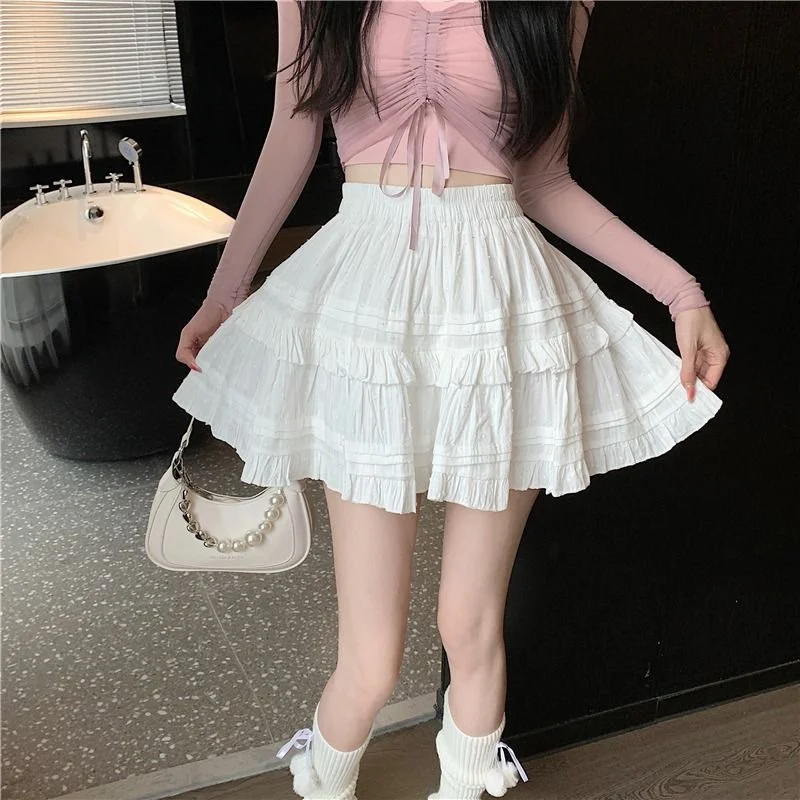 

Deeptown Lolita Pleated Ruffle Mini Skirts Women Casual White Short Skirt Cutecore Korean Style Sweet Girl Black Layered Skirt