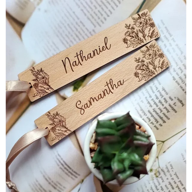 Marque-page de mariage personnalisé en bois, 5 pièces, cadeaux avec nom personnalisé gravé, cartes doubles comme placement, cadeaux uniques pour invités, décoration de fête 3