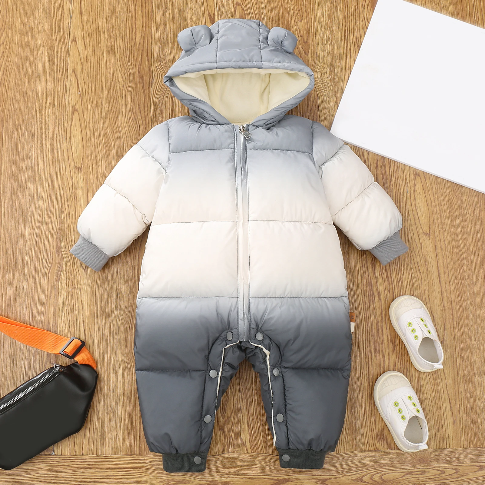 Description Picture 5 of itemChildren's Snowsuits,Down Cotton Babes Rompers,Warm Girls Boys Hood Gradient Jumpsuits,Toddler Kids Winter Fleece Overalls