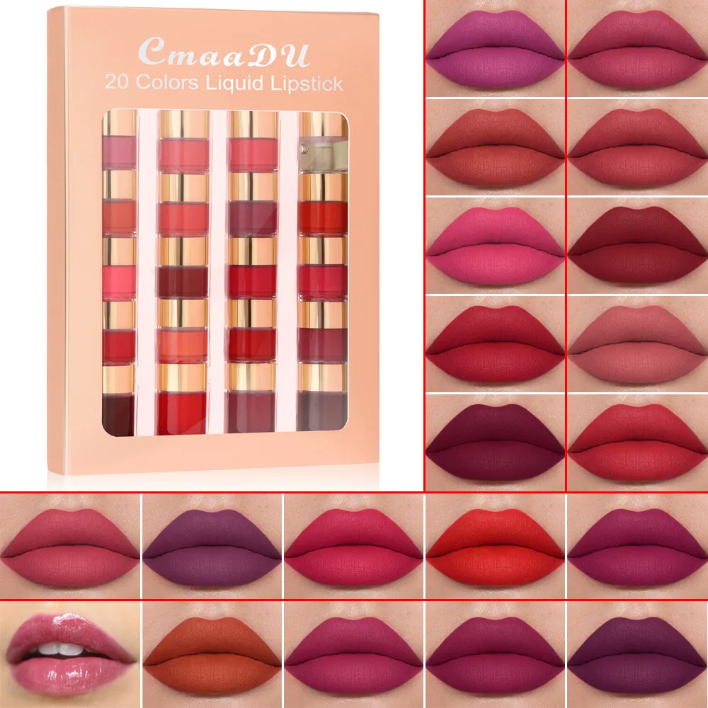 

20 Colors Matte Lipstick Velvet Red Lip Tint 5 In 1 Long Lasting Non-stick Cup Lip Gloss Set Lip Oil Female Makeup Cosmetic Kit