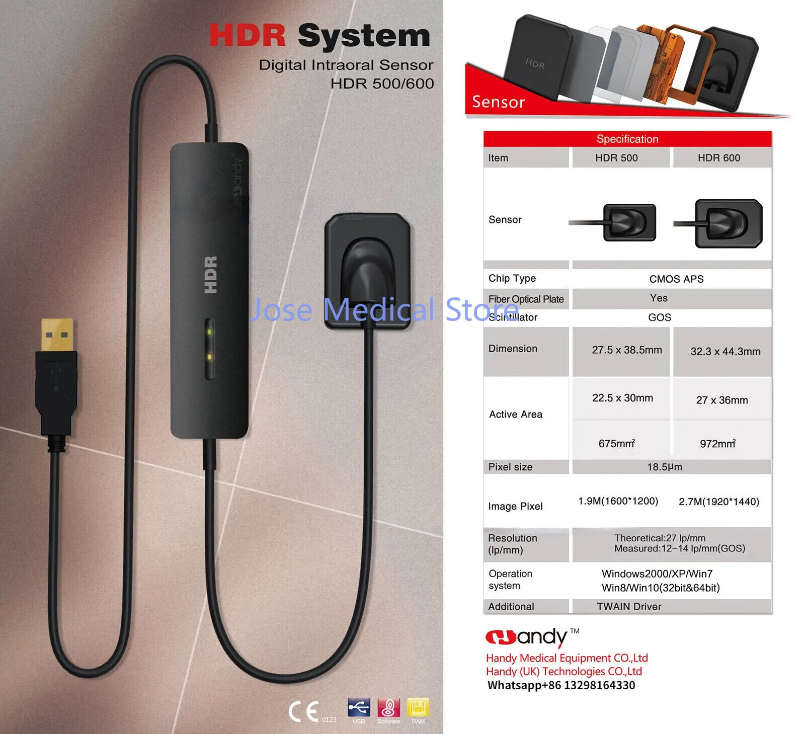 

2023 CE Approved Dental XRay Sensor Handy HDR500B/600A IPX7 RVG Sensor/X-RAY Sensor Dental Xray Sensor System Imaging HDR Sensor