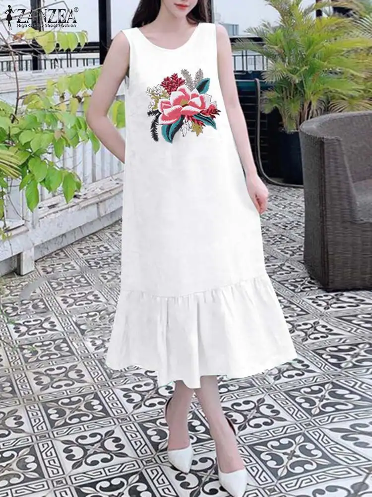 

ZANZEA Fashion Sleeveless Sundress Woman Floral Embroidery Dress Summer Casual O-Neck Vestidos Elegant Holiday Dresses Oversized