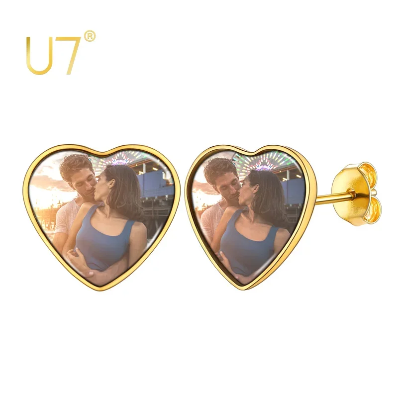 U7 Heart Shape Custom Photo Stud Earring for Woman Colorful Picture Customized Gold Color Girls Gift Jewelry