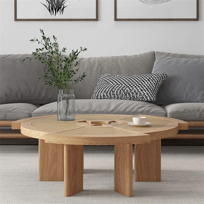 

Modern Japanese Style Solid Wood Rattan Living Room Coffee Table Home Furniture Simple Creative Sofa Side Table Round Low Tables