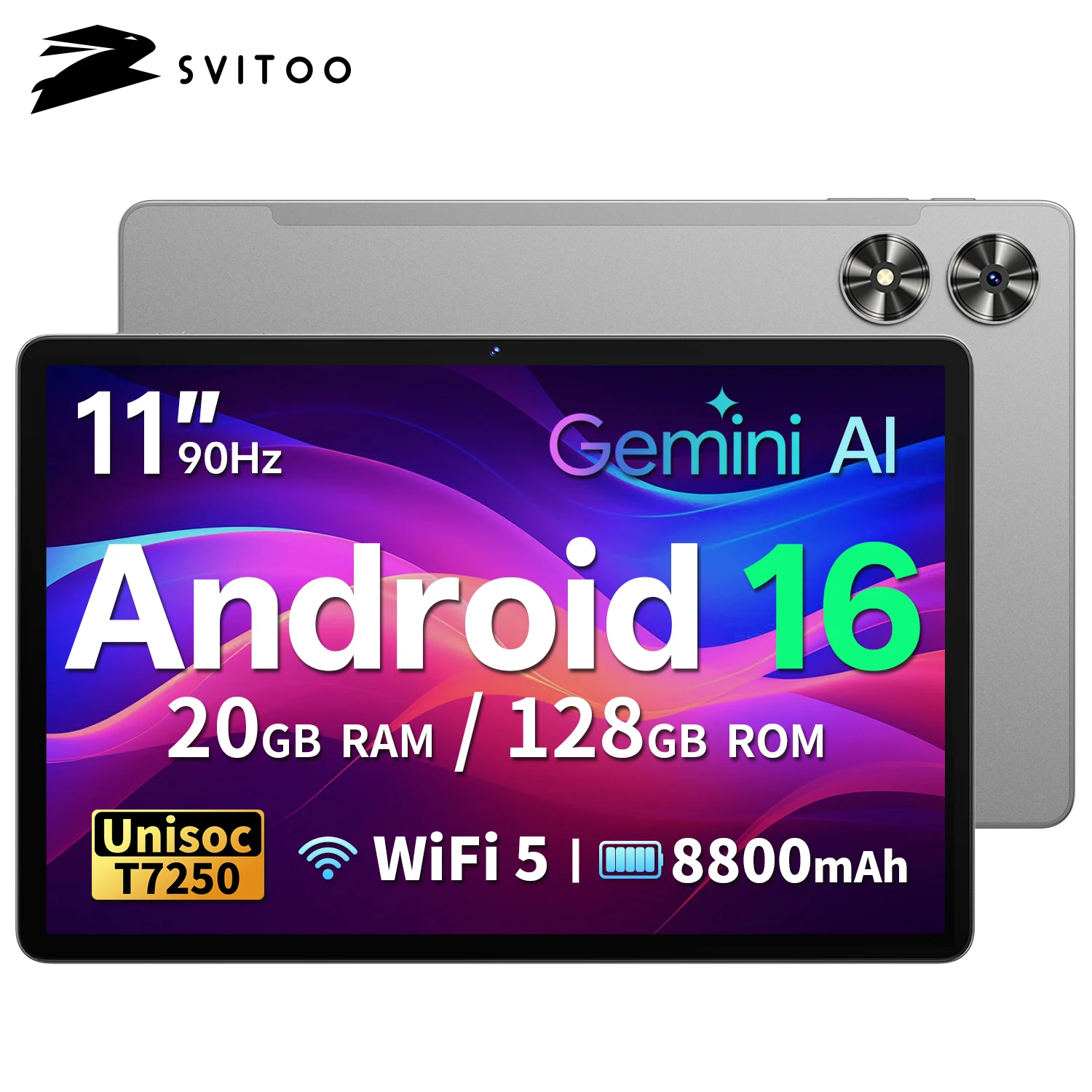 SVITOO Tablet 2026 Android 16 11 Inch 90Hz HD IPS Screen Unisoc T7250 Octa-Core Processor 4GB Physical RAM + 16GB Virtual RAM 128GB ROM 1TB Expandable 8800mAh Battery 2.4GHz 5GHz Dual Band WiFi 5 Bluetooth 5.0 GPS Widevine L1 1