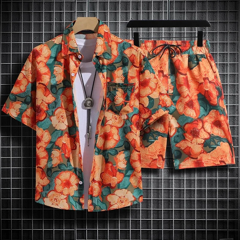 2024 Short Sleeve Floral Shirt Beach Suit Suit Men's Seaside Travel Clothes Hawei Style  Travel Couple Casual Tops Men Clothing