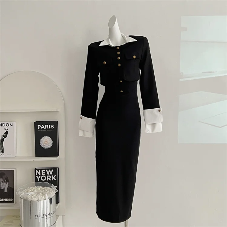 Y2K 3-piece Set Women Crop Coat Blazer White Shirt Halter Sleeveless Bodycon Midi Dress Autumn New Female Korean Chic Outfits