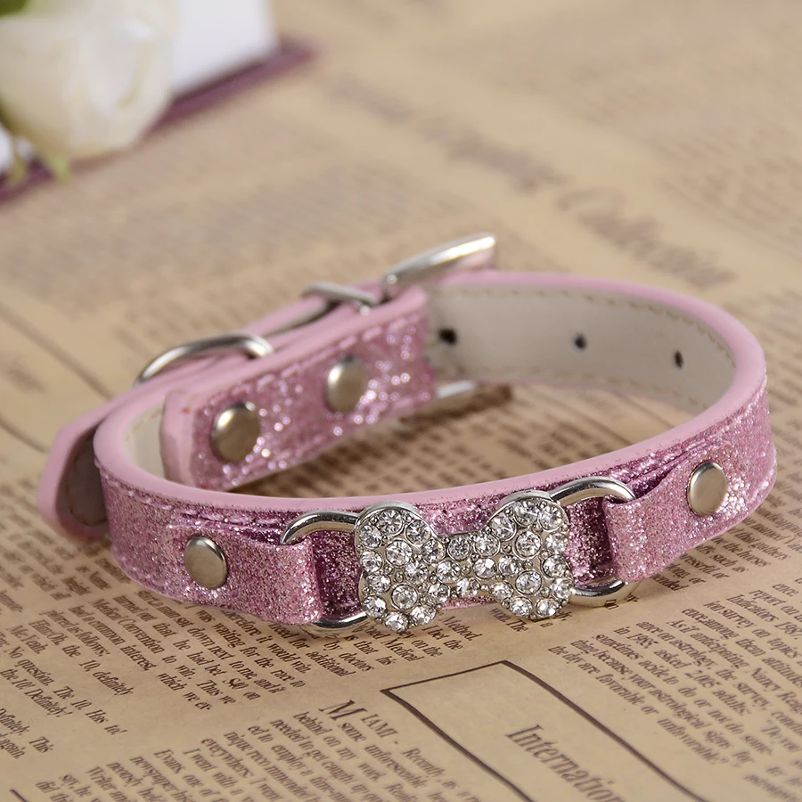BlingDiamanteDogCollarRedPinkLeatherCollarsForDogsSmallTeddy