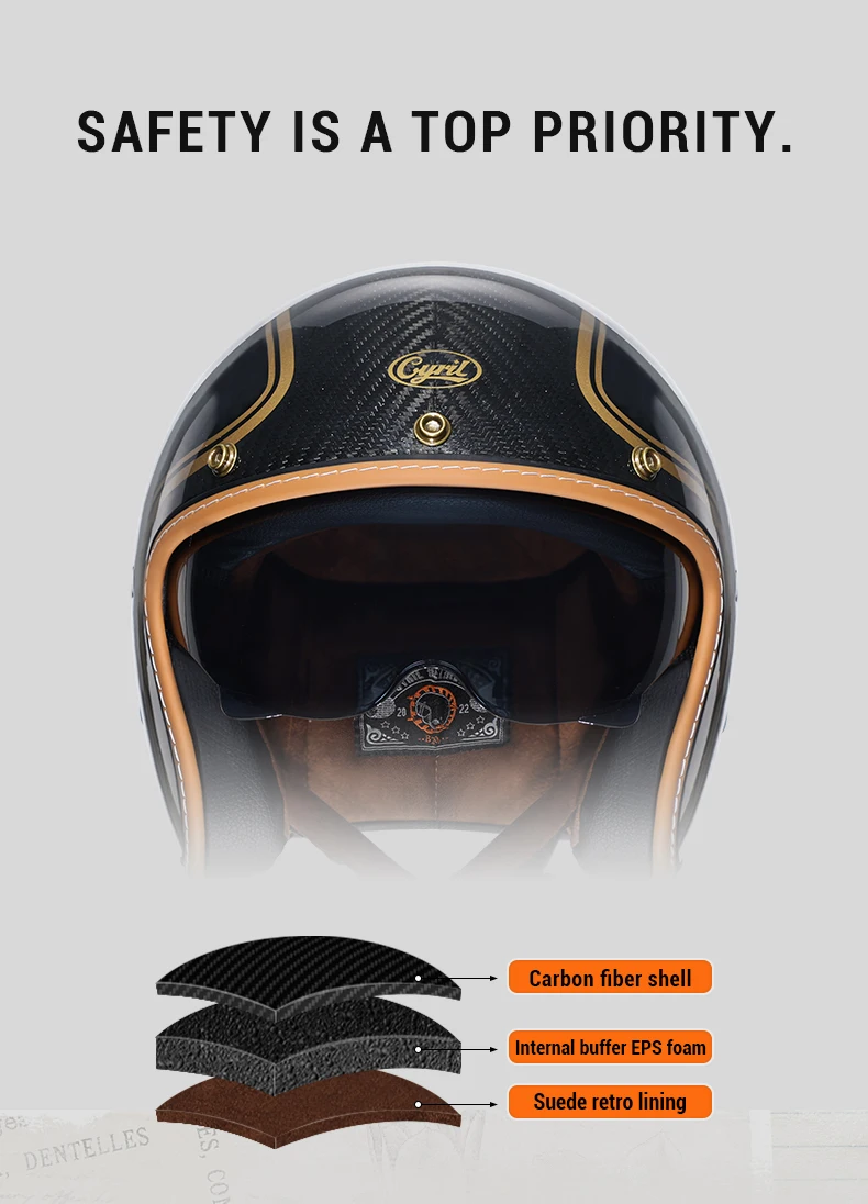 Lightweight Carbon Fiber Open Face Motorcycle Helmets Half Retro 3/4 Helmet for Man and Women DOT Approved CYRIL Casque Moto