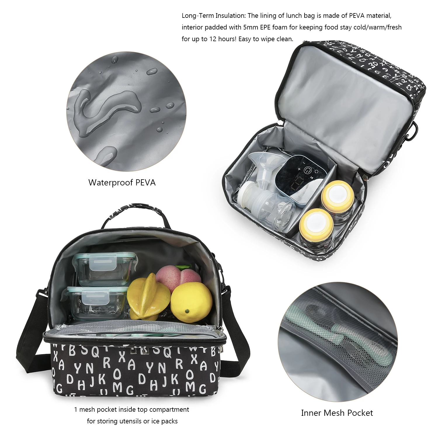 Breast Pump Bag Cooler Compartment Moistureproof Bag Double Layer for Mother Breast Milk Pump Lunch Bag Outdoor Working 3