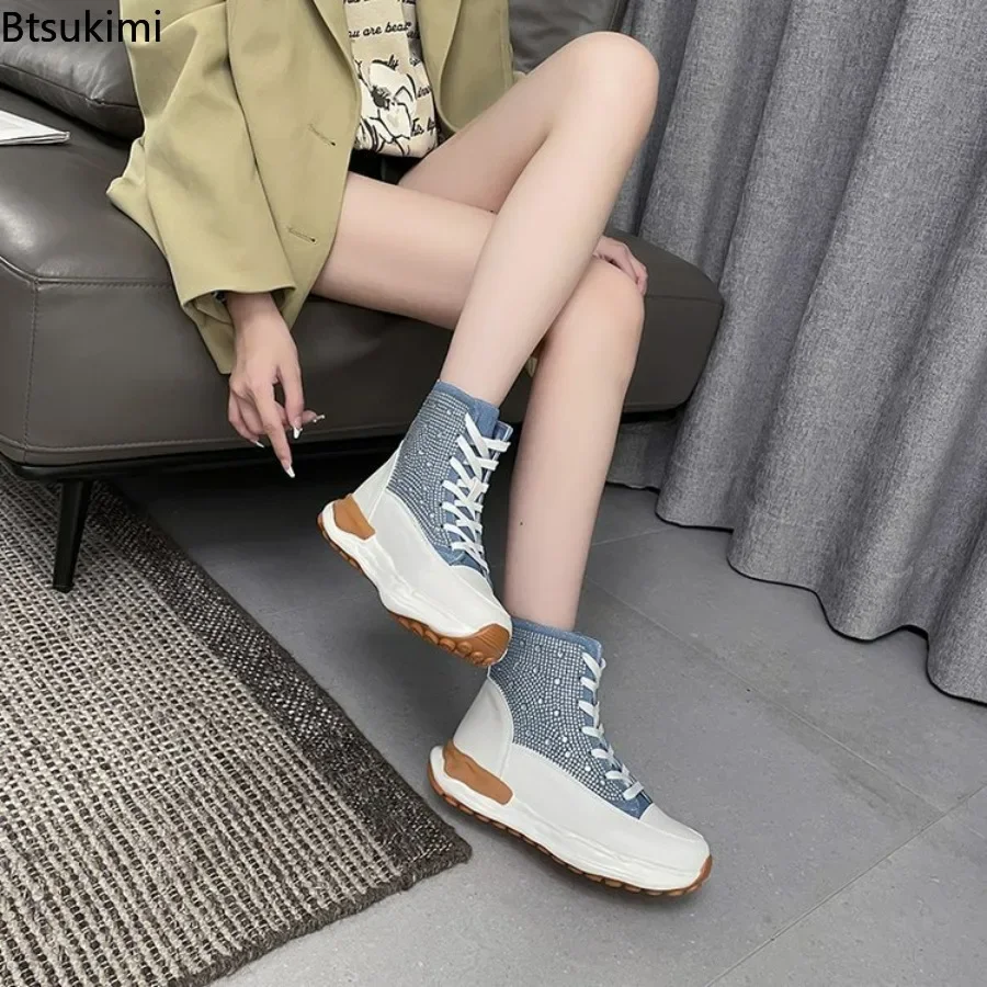 2024 Women's Front Lace Up Short Boots Diamond Thick Sole Martin Boots Autumn Winter Casual Mid Length Flat Bottom Boots Woman