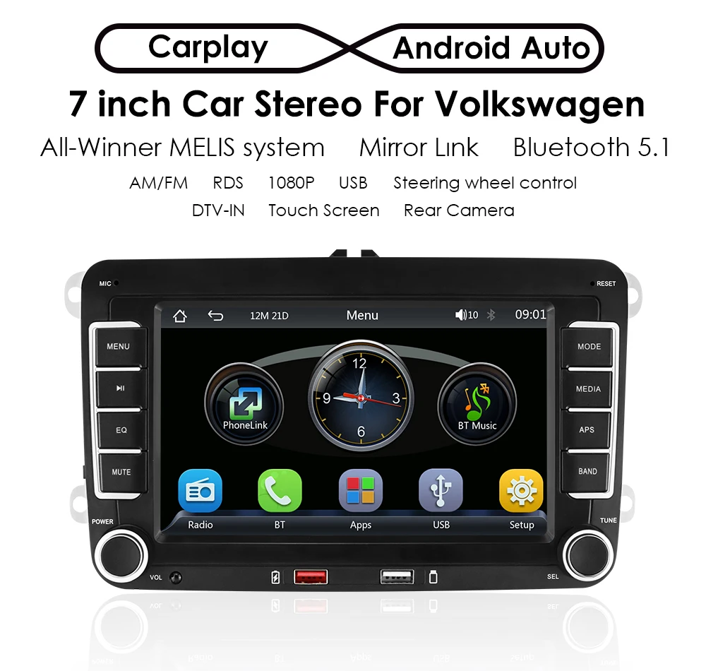 

7inch Car radio stereo for Volkswagen Golf Passat Jetta Touran Polo / Skoda Octavia / Seat Mp5 Carplay Bluetooth rds USB SWC