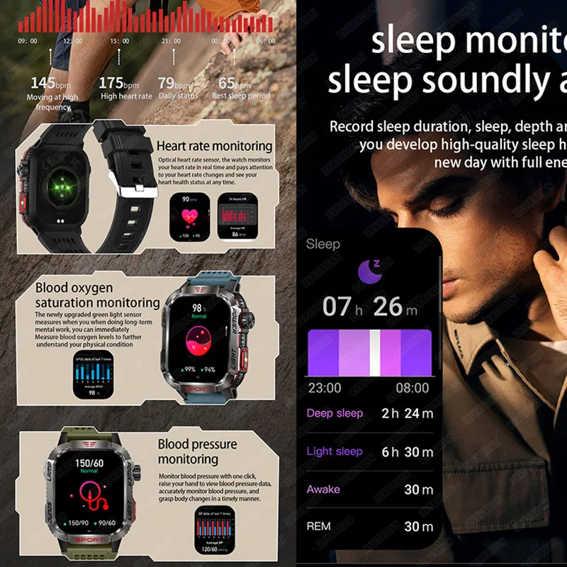 Nuovo per Huawei Xiaomi GPS militare Smart Watch uomo torcia bussola impermeabile sport all'aria aperta tracker chiamata Bluetooth Smartwatch - immagine 6