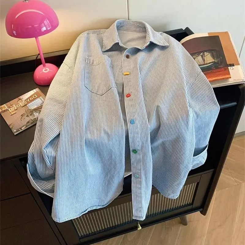 Vintage Denim Striped Oversized Shirt Beautiful Women's Blouses in Promotions Collared Shirt for Women's Spring Long Sleeved Top