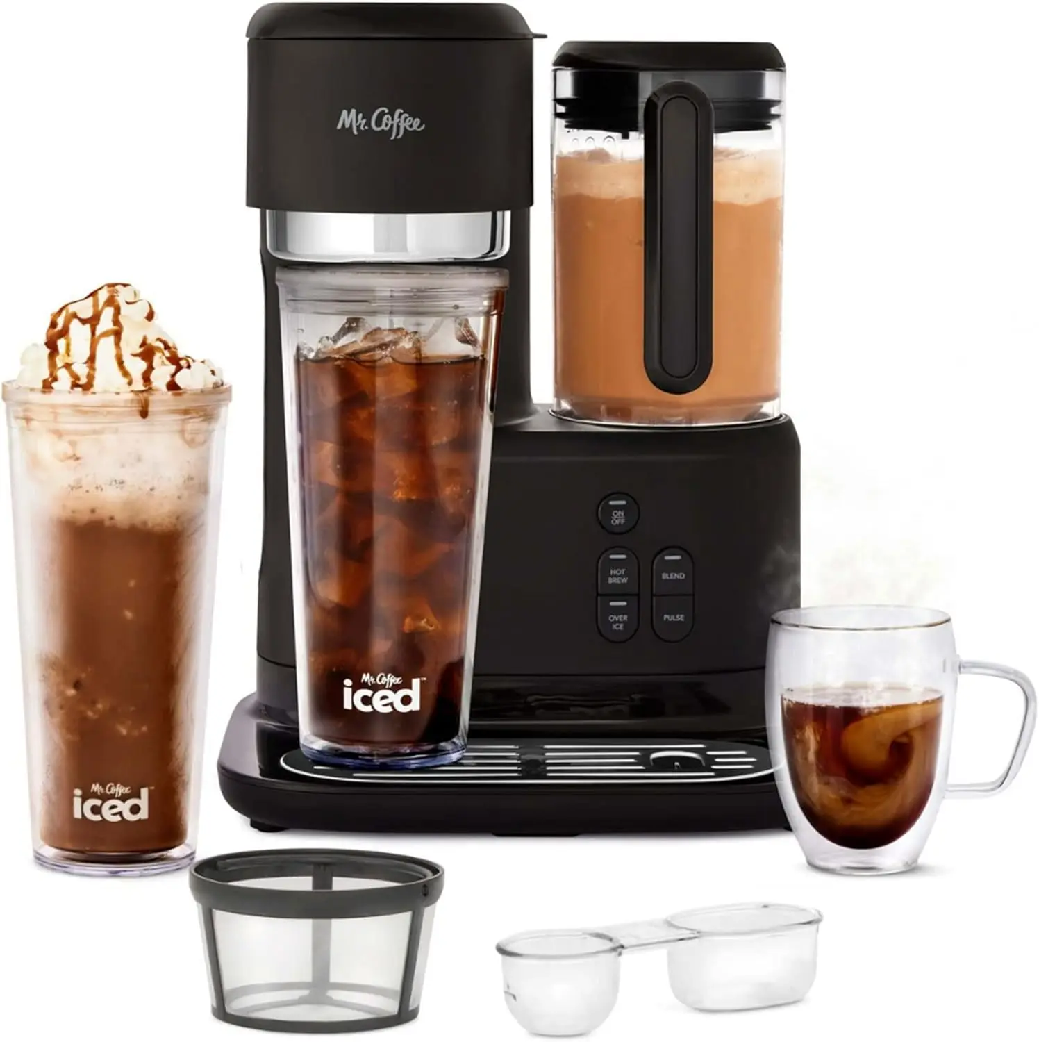 3-in-1 Single-Serve Iced and Hot Coffee/Tea Maker with Blender with Reusable Filter, Scoop, Recipe Book, 2 Tumblers,