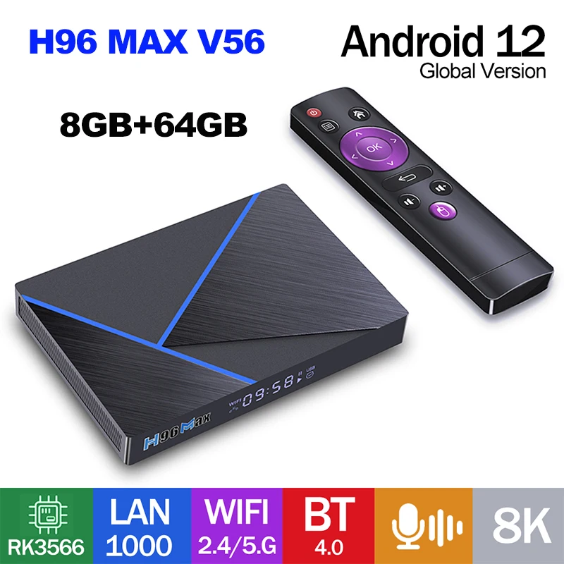 LEMFO – H96 Max V56 Smart boitier iptv, Android 12, 8 go/64 go, 8K, RK3566,  1000M, lecteur multimédia, décodeur, IPTV, 12.0, boîtier tv android 12, ip