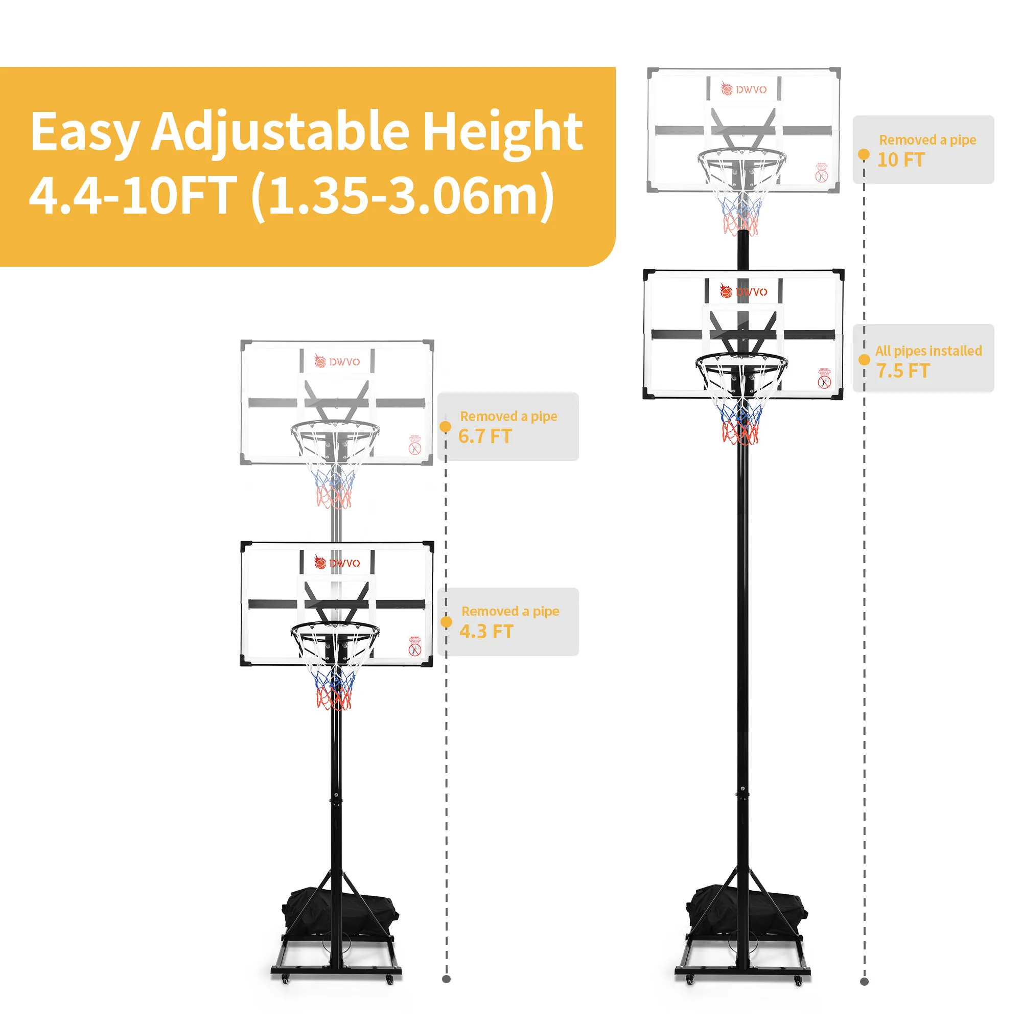 Portable Basketball Hoop 4.4-10FT Height Adjustable Upgrade Backboard Outdoor