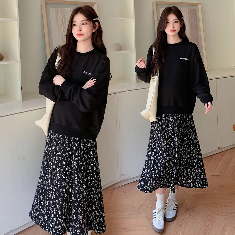 Maternity Spring/Autumn New Loose Fashion Long Sleeve Sweatshirt Floral Skirt Two-Piece Set