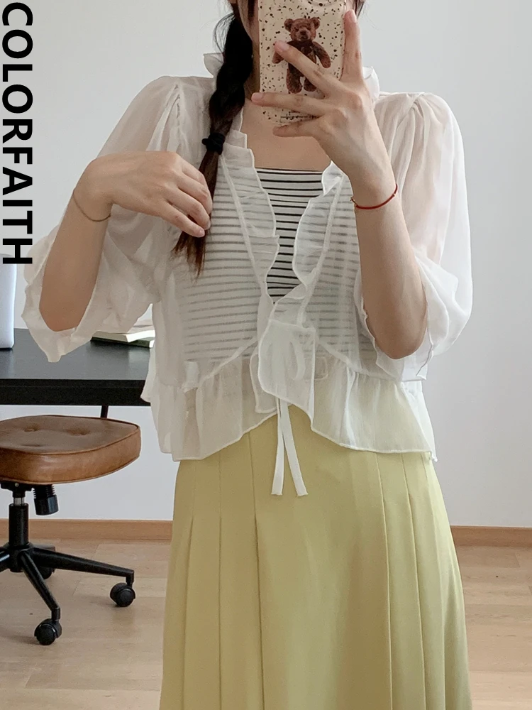 

Colorfaith CA6029JM Новинка 2023, милая винтажная элегантная женская сексуальная Солнцезащитная рубашка, Женский весенне-летний кардиган, Короткие топы