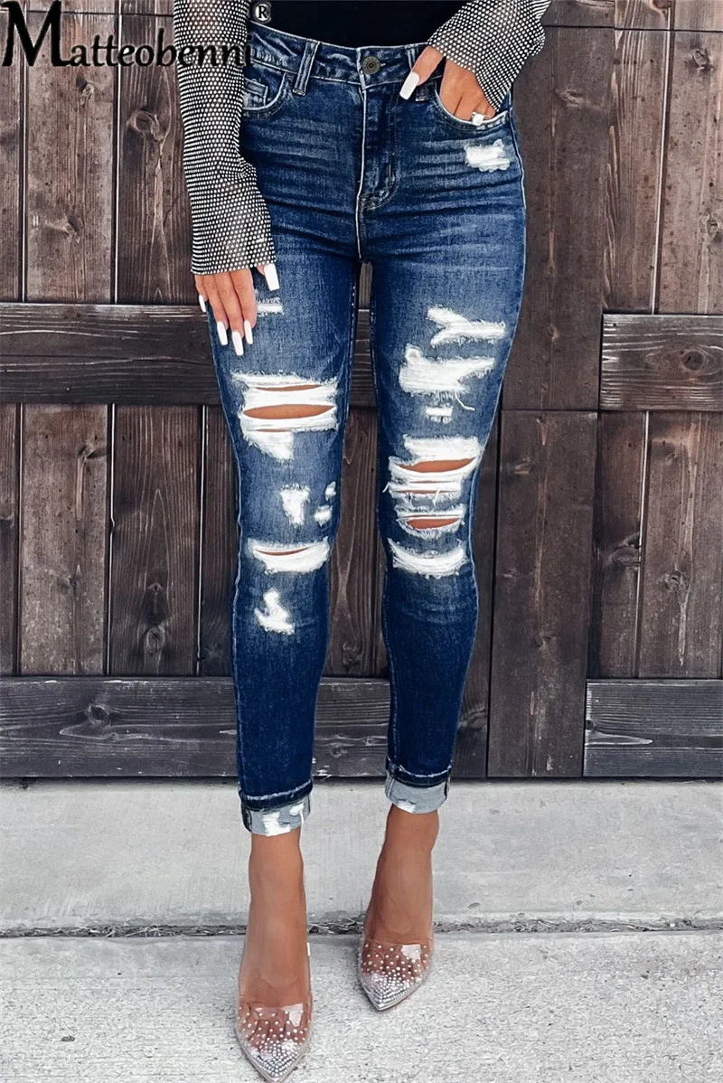 Women's Slim Fit Broken Holes Jeans Skinny Streetwear Vintage High Waist Tight Pencil Pants Ladies Casual Autumn Basic Trousers men s plus size trousers with holes in print patch casual fashion trend stretch tight skinny leg midrise jeans