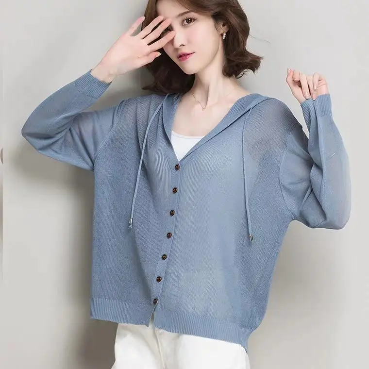 

2022 new summer knitted Cardigan Jacket Women's Hooded Jacket ice silk sweater thin hollow beach sunscreen clothes Blue