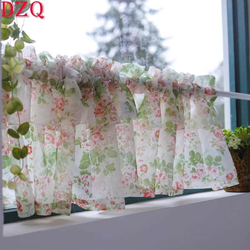 

Double Pleated American Coffee Flowers Short Curtains Korea Pastoral Tulle Floral Half Curtains for Kitchen Valance #A005