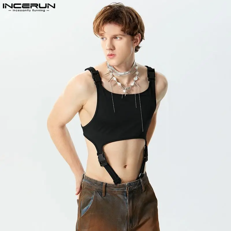 2024 Men Bodysuits O-neck Sleeveless Solid Color Hollow Out Bodysuits Men Streetwear Sexy Skinny Fashion Male Bodysuit INCERUN