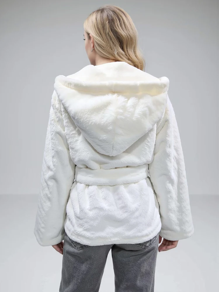 Women Winter Jacket Faux Fur Long Sleeve Fashion Hooded Belt Thicken Warm Elegant Women's Coat Street Casual New Outerwear
